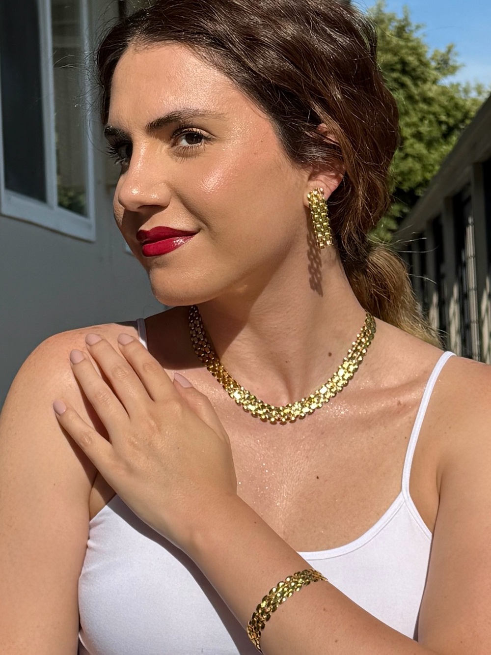 Gold Floral Link Necklace and Bracelet Set - Women Jewelry